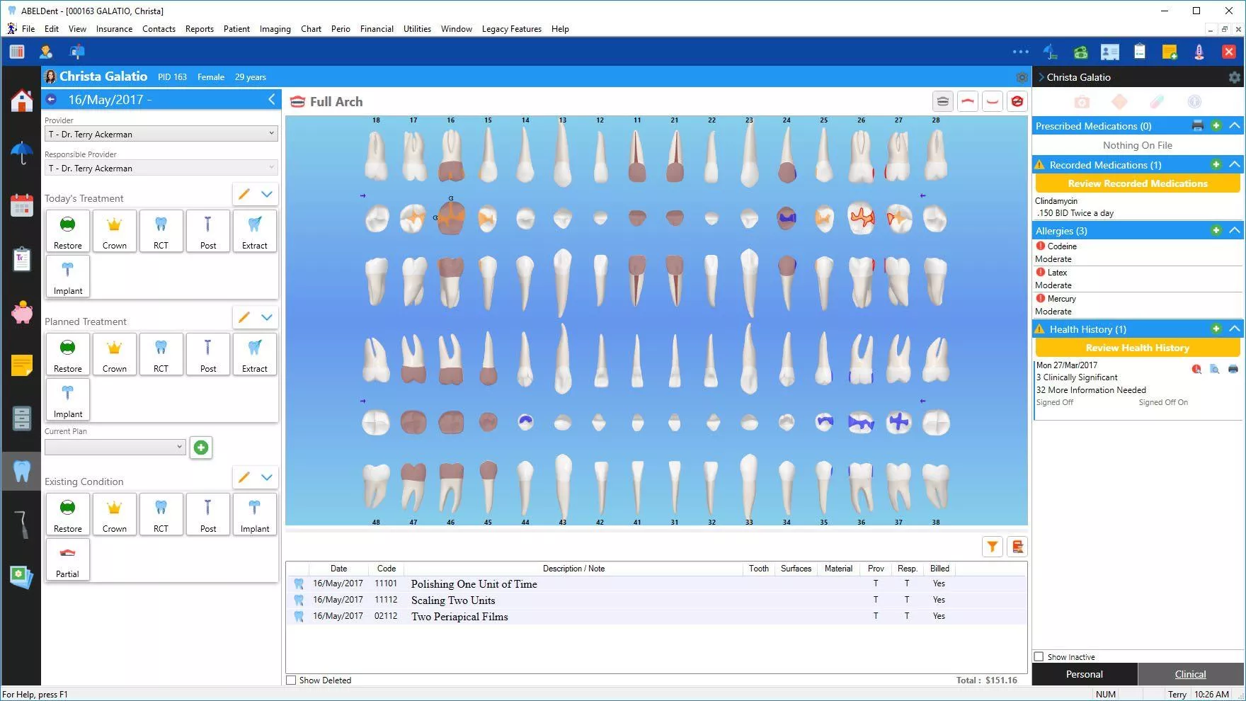 Ventana de odontograma de ABELDent con arcada completa, tabla de tratamientos y paneles de alergias y medicación.