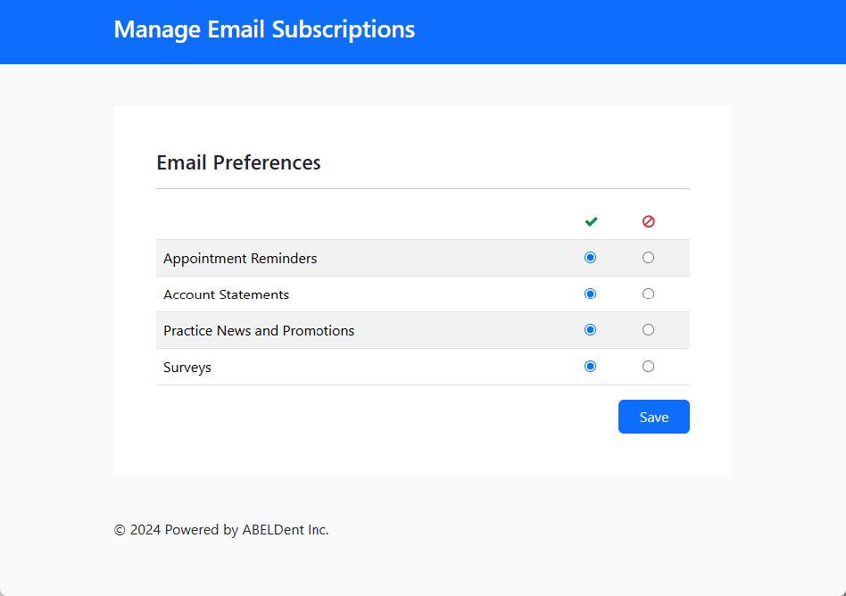 Manage Email Subscriptions patients see.