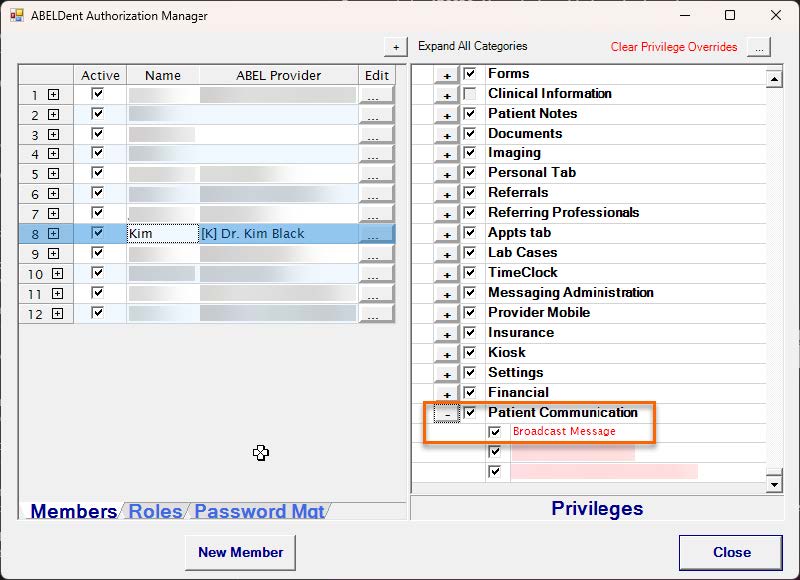 Screenshot of ABELDent's Authorization Manager with Patient Communication selected.