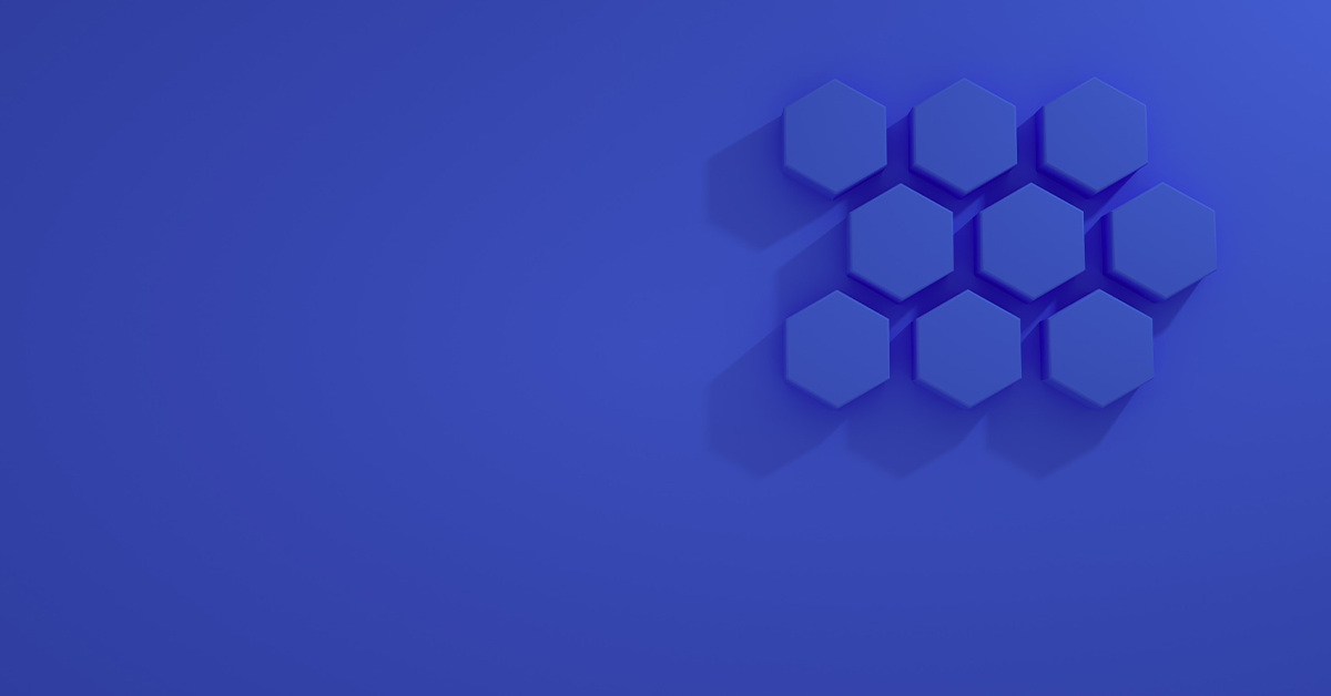 Blue background with hexagon patterns on the right side. Asbtract background.
