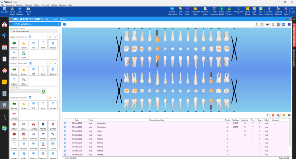 A patient's chart in ABELDent software.