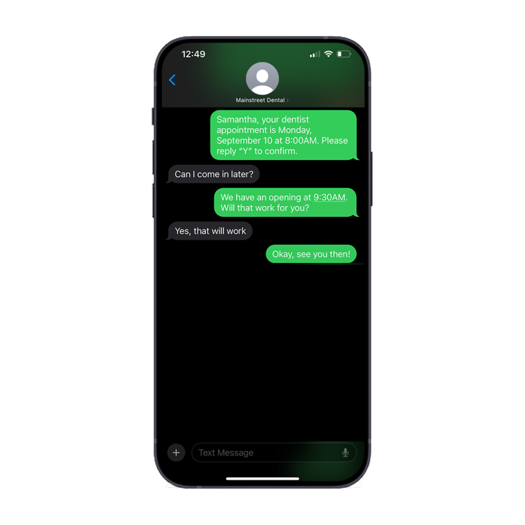 An example of two-way texting powered by ABELDent. The conversation on the screen displays a dental practice reminding a patient about an upcoming appointment, the patient asks to come in later, and the dental practice proposes a new time.