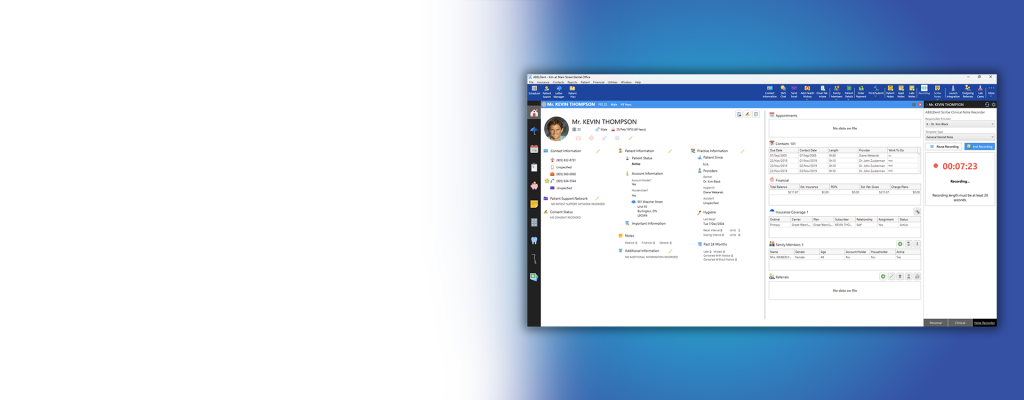 A screenshot overlaid a blue gradient background. The screenshot depicts ABELDent Scribe recording from the patient dashboard screen in ABELDent.