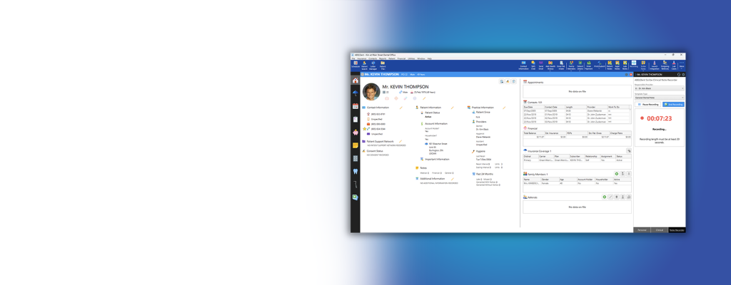 A screenshot overlaid a blue gradient background. The screenshot depicts ABELDent Scribe recording from the patient dashboard screen in ABELDent.
