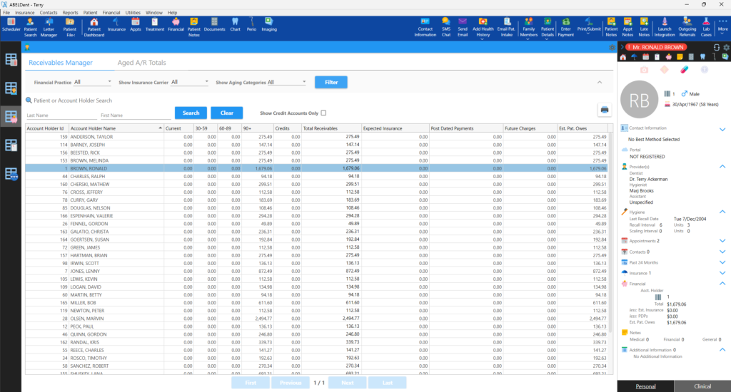 A screenshot of the Receivables Manager in ABELDent.