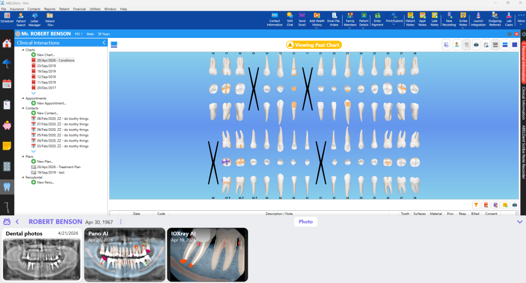 ABELDent's Odontogram with the Diagnocat built-in panel integration displaying patient radiographs.
