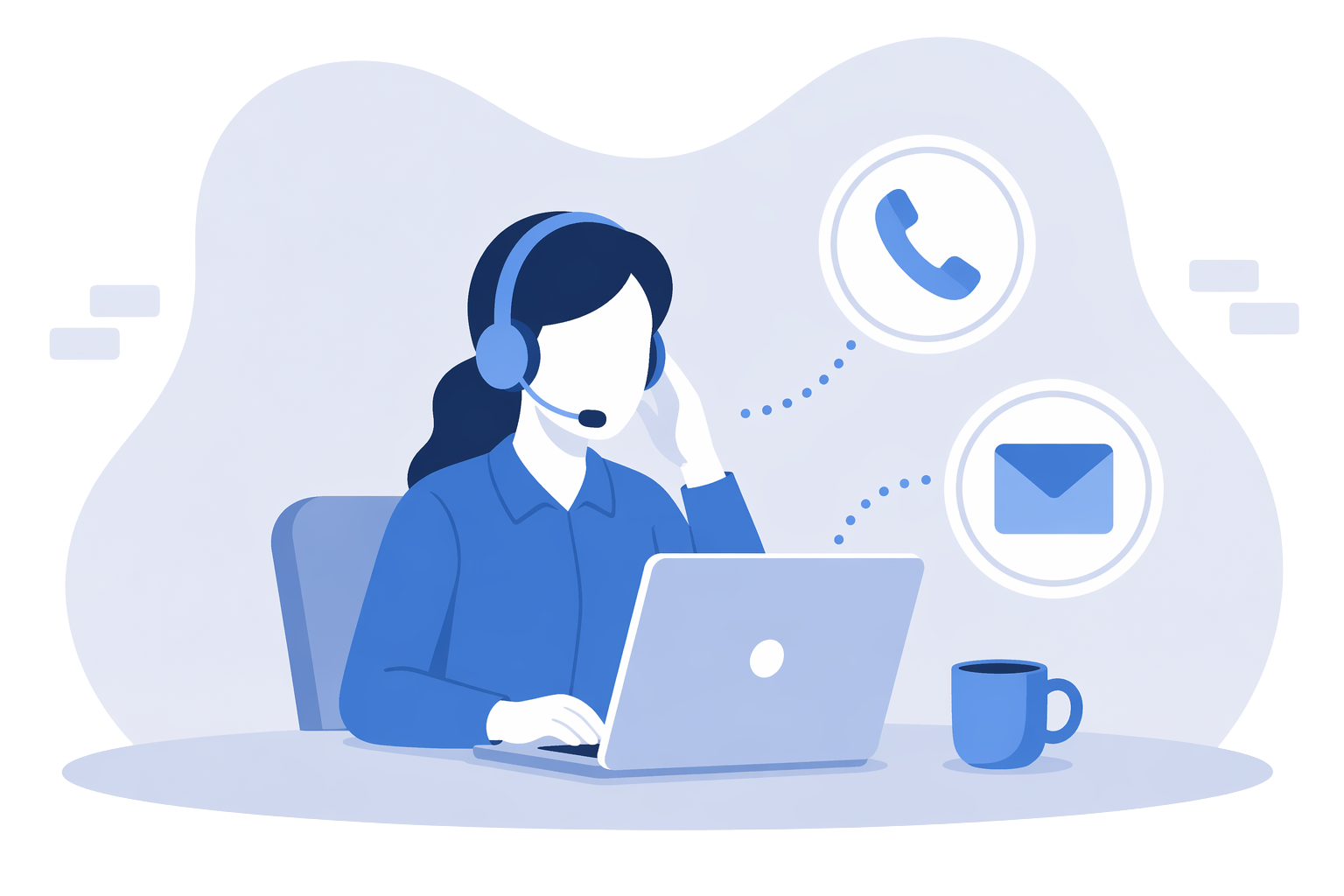 An icon-based image of a person wearing a headset and working on a laptop. Icons in circles appear beside her showing a phone icon and an email icon.