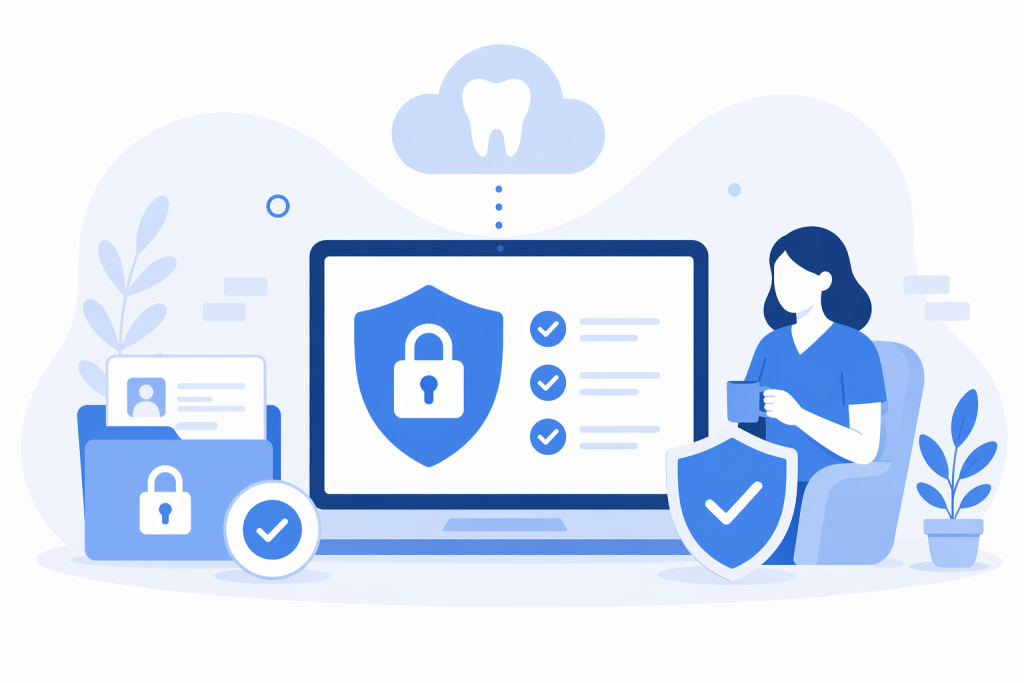 An icon-based image depicting a computer monitor with a shield icon and a lock inside along with a checklist. Other icons indicating security motifs are shown and a cloud with a tooth icon is at the top of the image indicating Cloud dental software.