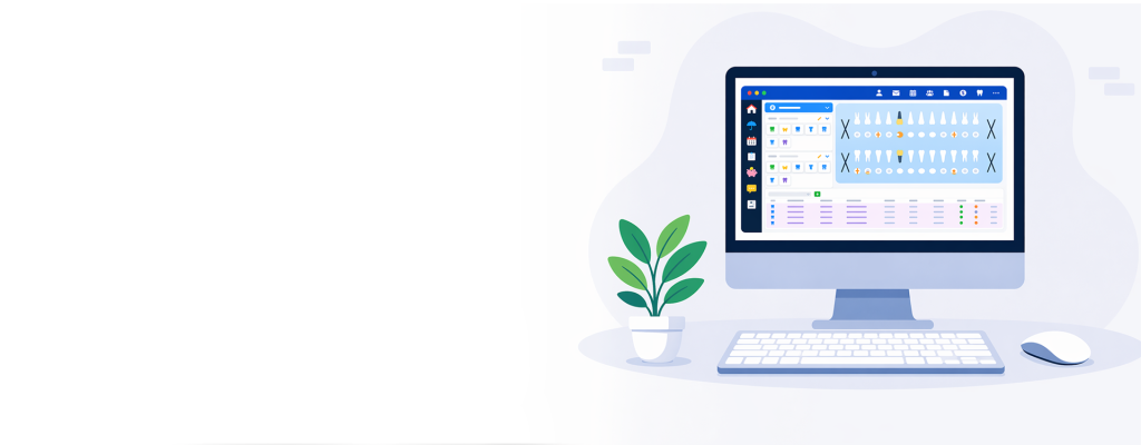 An image of a computer monitor with a simplified cartoon-style version of ABELDent dental software depicted on the monitor. A potted plant is also beside the computer monitor.