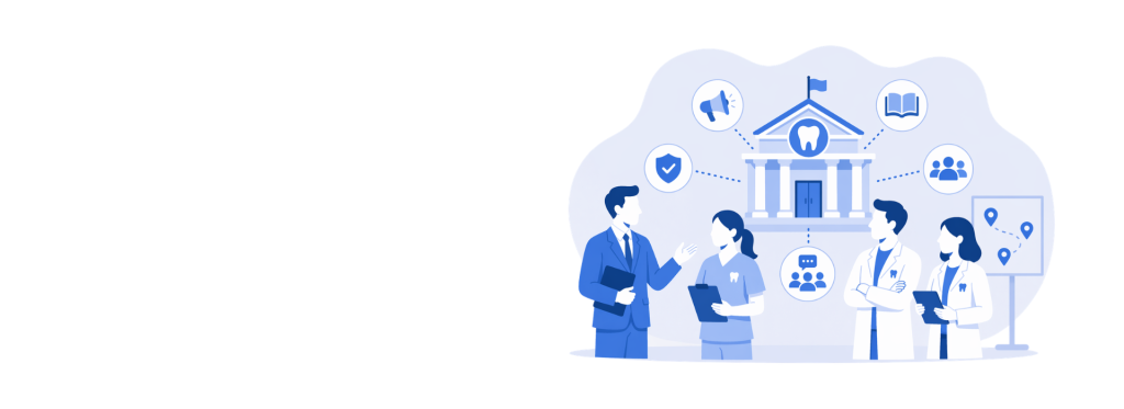 Illustration of dental professionals collaborating in front of a dental association building, surrounded by icons representing education, communication, security, and outreach.