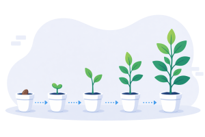 Grow-Transparent A plant growing in five stages starting from a seed in a pot to a large plant. The stages in between show it growing.