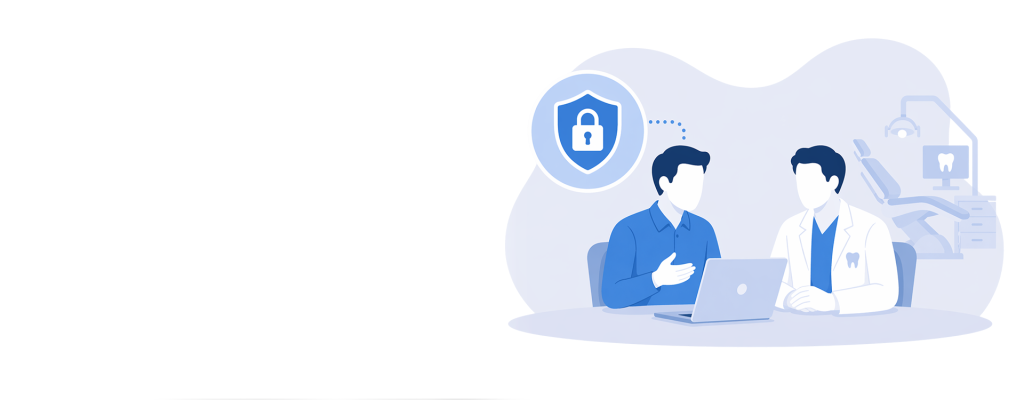 An icon-based image depicting an IT Specialist working on a laptop with a dentist. The IT provider has a speech bubble with a shield inside of an icon depicted, implying they are discussing security,