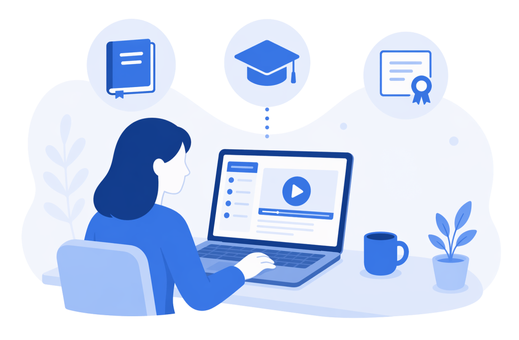 An icon-based image depicting a person sitting at a desk using a laptop that has a video on the screen and a course of online training. Three icons are above the person - a notebook, a graduation cap, and a certificate.