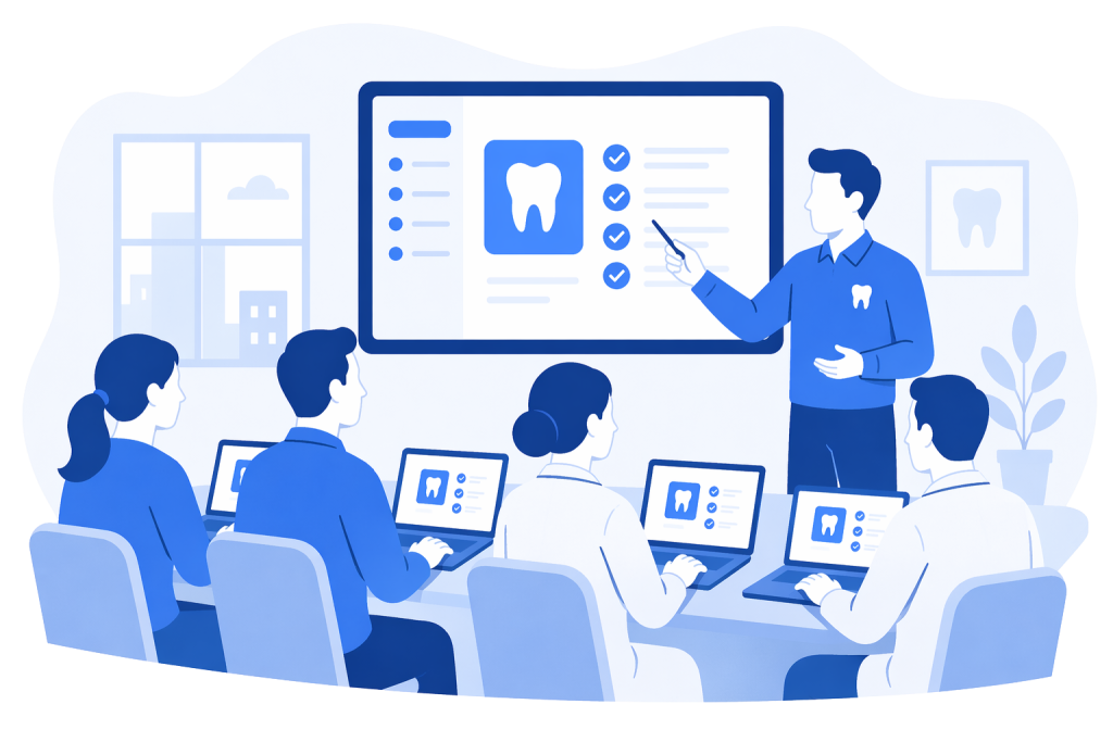 An icon-based image depicting a live, on-site training session. An instructor stands at the front of the room gesturing to a screen that has a dental software on it. Four individuals are seated at a table with laptops with the same software on their screens. Two dentists and two admin staff are seated.