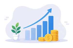 Prosper-Transparent A plant beside a bar graph that has an upward trend and an arrow over top of the bar graph. A pile of coins are also in front of the bar graph indicating wealth and prosperity