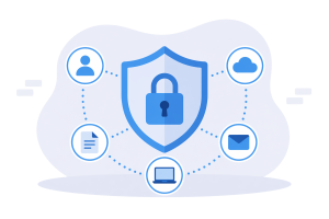 Protect-Transparent A blue shield icon with a lock inside indicating security. Surrounding the shield and lock icon are five circles with icons inside. A person icon, a document icon, a laptop icon, an email icon, and a cloud icon.