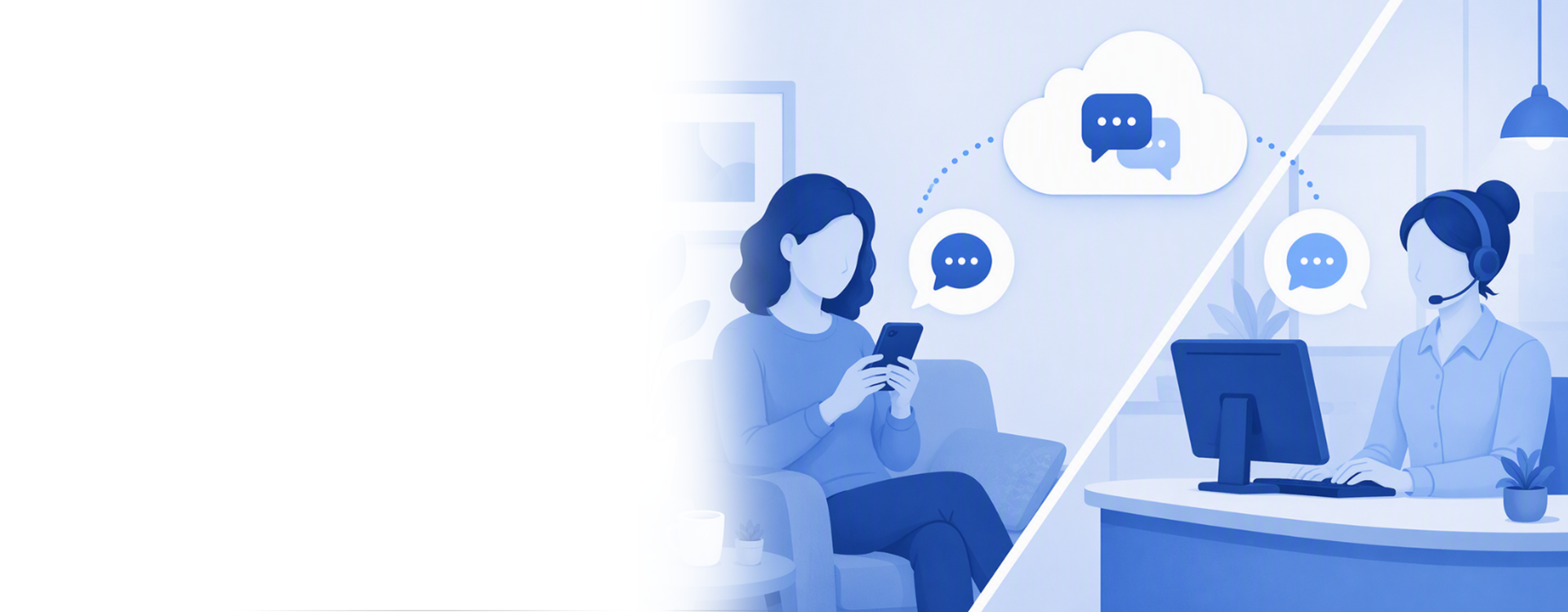Illustrated split-screen patient communication scene in a blue monochromatic style. On the left, a patient with a minimalist blank face sits in a chair using a smartphone. On the right, a dental office receptionist with a headset and button-up shirt works at a computer. Chat message icons connect both sides through a cloud-based messaging symbol above, representing secure patient-to-practice communication and cloud-connected appointment coordination.Provide your feedback on BizChat