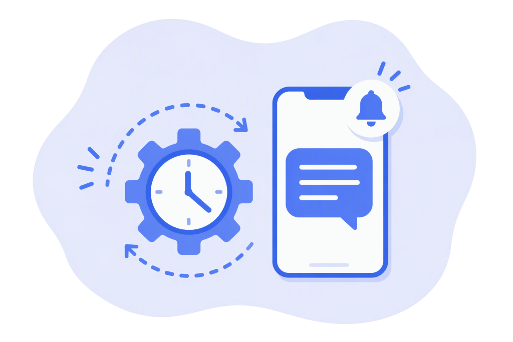 Blue-and-white illustration of an automated appointment reminder system, showing a gear-shaped clock icon beside a smartphone with a message notification, connected by circular automation arrows and representing scheduled patient messaging.