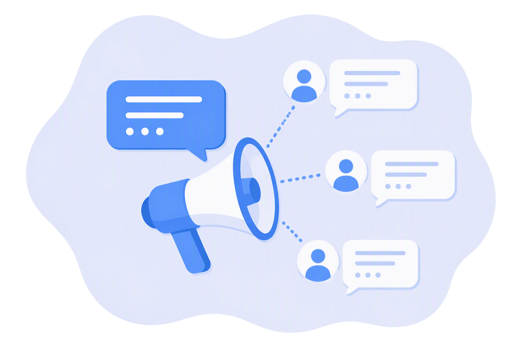 An illustration-style image depicting a megaphone with a text bubble coming out of it signifying a broadcast message. The message leads to three contacts with response speech bubbles, indicating they are responding.