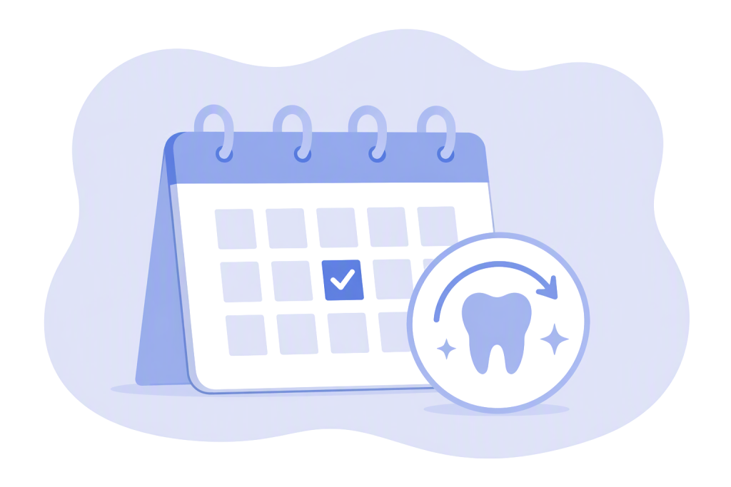 An illustrated 5-day workweek calendar with a checkmark in the middle of it. A tooth with sparkles inside of an icon with a curved over top is in the bottom right corner. The image represents dental recalls.