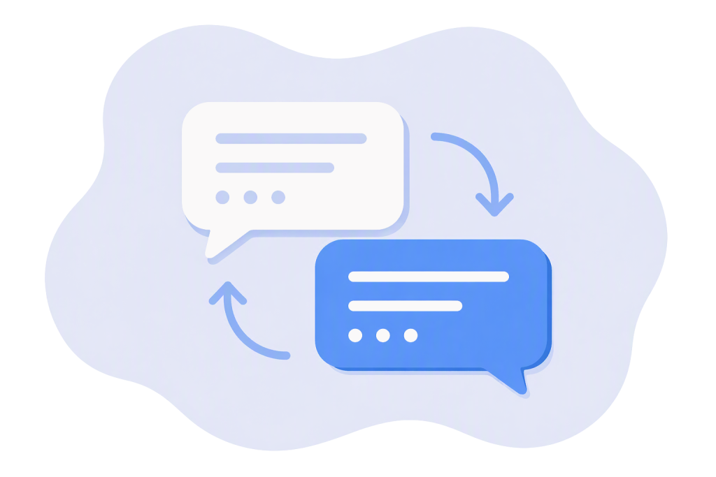 An icon-based image showing a back and forth text conversation