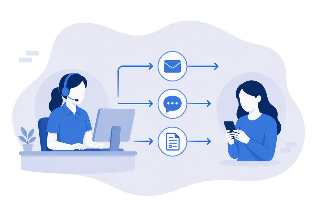 Front desk team member at a computer sending an email, text message, and online form to a patient who is using a smartphone, shown with connected communication icons and arrows.