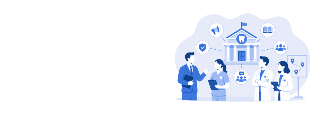 Illustration of dental professionals collaborating in front of a dental association building, surrounded by icons representing education, communication, security, and outreach.