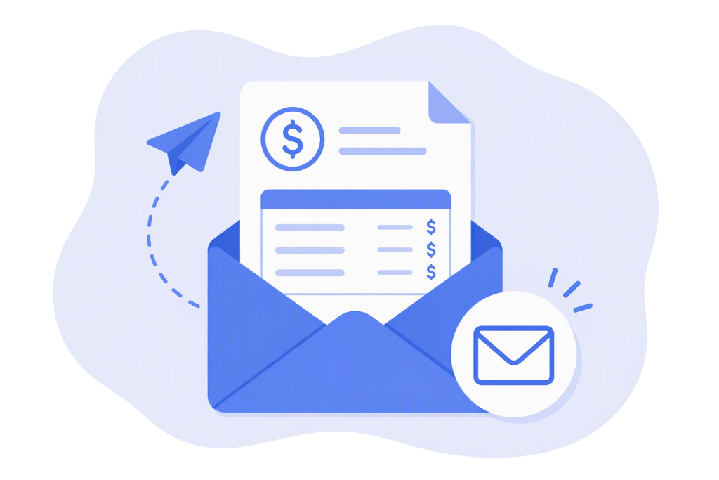 Blue-and-white illustration of an emailable patient statement, showing a billing statement with dollar symbols emerging from an open envelope, alongside send and email icons. The graphic represents securely delivering account statements and billing information by email.