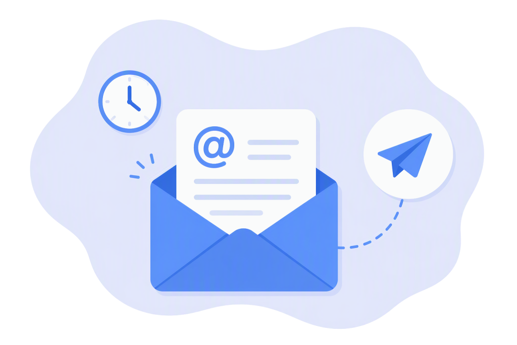 Blue-and-white illustration of an on-demand email system featuring an email message emerging from an open envelope, with a clock icon and a send icon nearby. The graphic represents creating and sending emails when needed for patient communication and outreach.