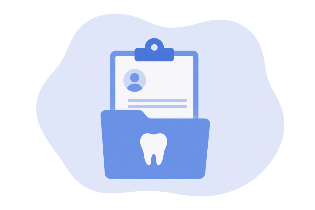 Simple illustration of a patient records folder with a tooth symbol on the front and a clipboard beside it. The design uses clean blue-and-white colours, minimal 2D shapes, and a soft rounded background to represent centralized patient records.