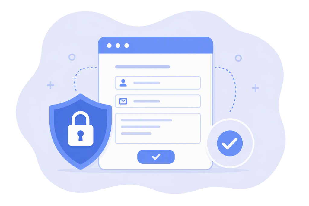 Blue-and-white illustration of a secure online form displayed on a computer screen, accompanied by a shield with a padlock and a checkmark badge. The form includes user information fields and a submit button, representing secure digital patient forms and protected data collection.