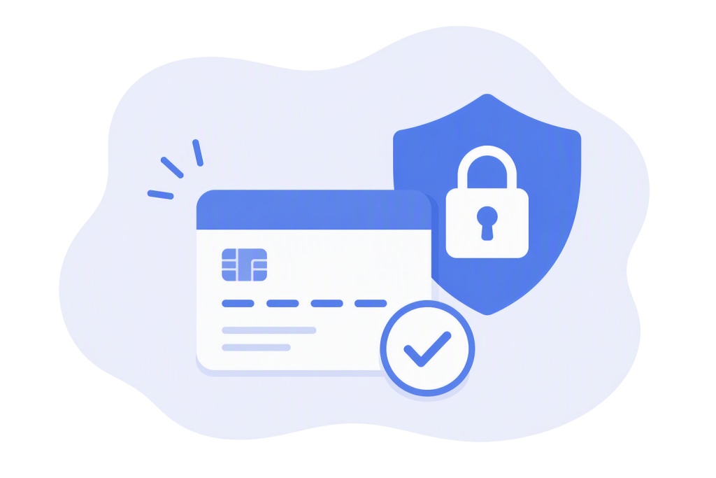 Blue-and-white illustration of a secure online payment, showing a payment card with a checkmark badge beside a shield and padlock icon to represent protected payment processing.