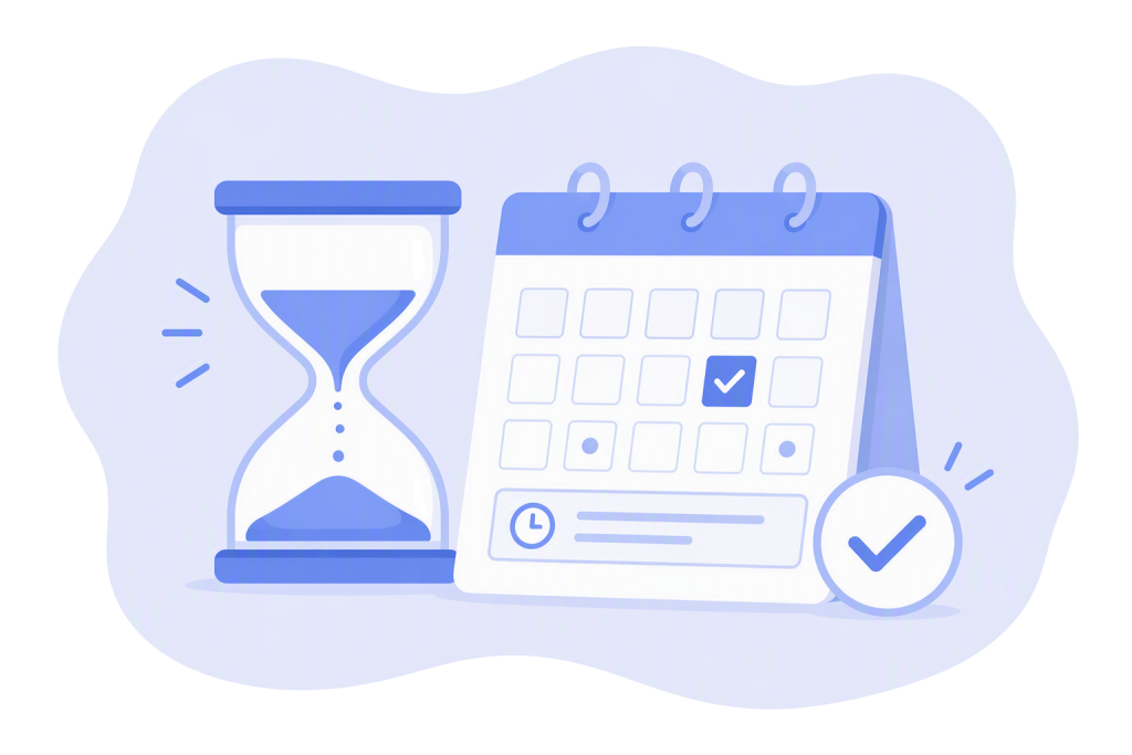 Blue-and-white illustration of a short-notice booking system featuring an hourglass beside a desktop calendar with a highlighted appointment date and confirmation checkmark. The graphic represents filling last-minute appointment openings and quickly booking available time slots.