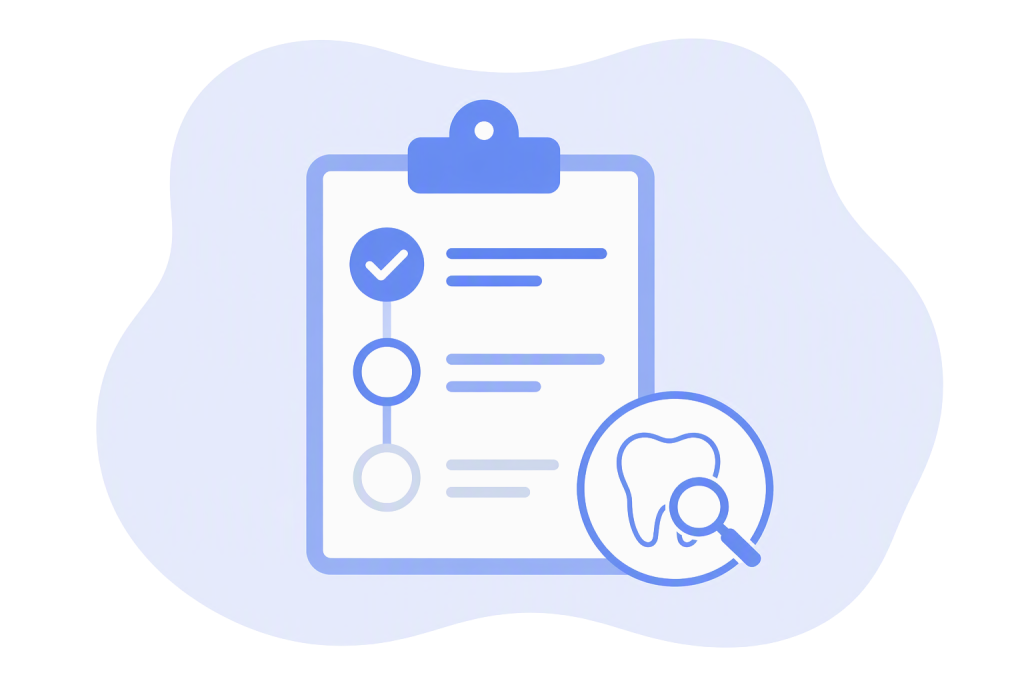 Simple blue-and-white illustration of a treatment tracking checklist on a clipboard. The checklist shows treatment progress with completed and pending steps, alongside a magnifying glass examining a tooth icon. The design uses clean 2D shapes, soft blue gradients, and a rounded background to represent monitoring and tracking dental treatment progress.