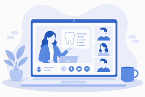 Illustration of an online dental webinar displayed on a laptop screen. A presenter shares information about a tooth while three attendees appear in video call windows beside the presentation. The interface includes simple video conferencing controls and a clean blue-and-white color palette. A potted plant sits beside the laptop, reinforcing a modern, professional virtual learning environment.