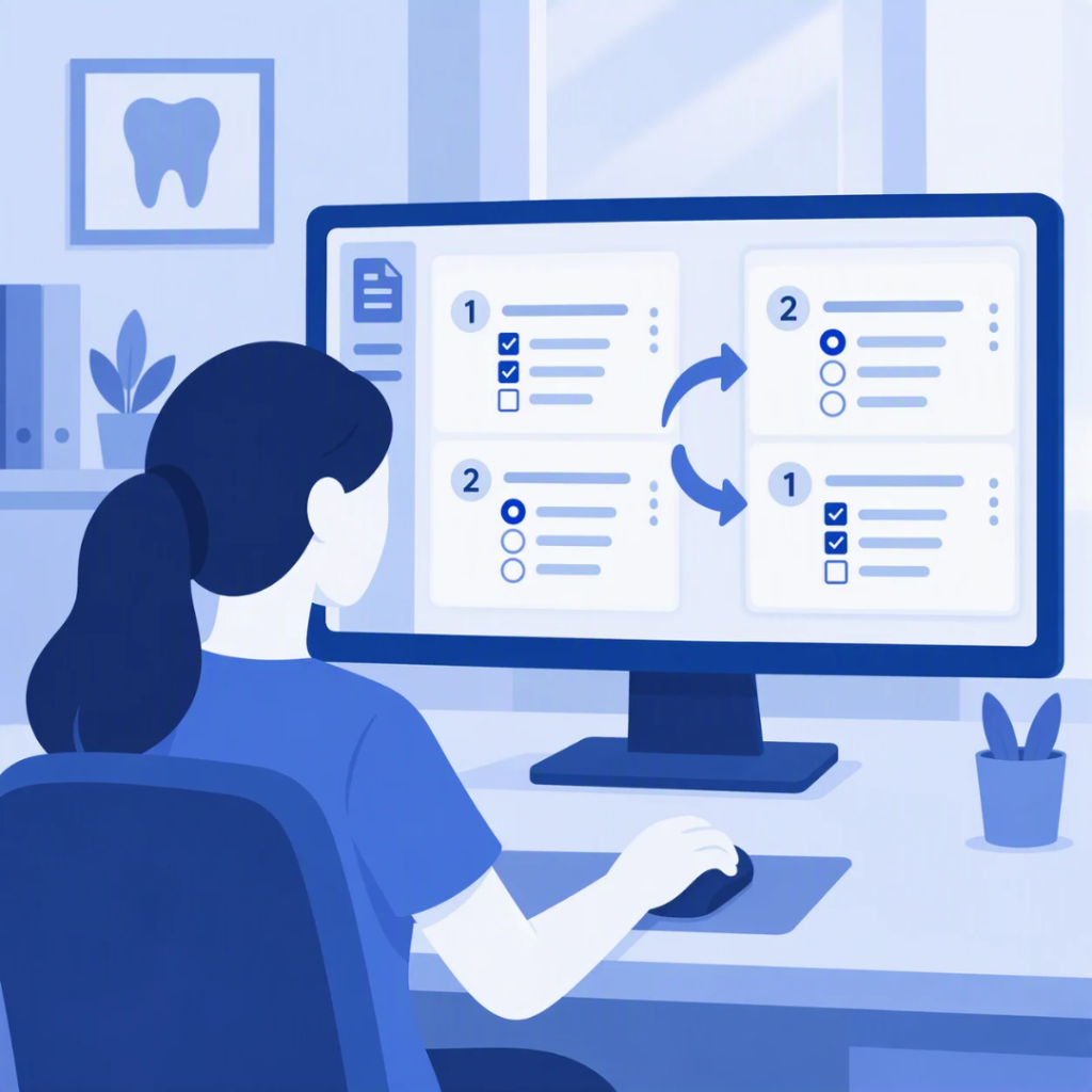 An illustration depicting a dental staff member customizing an online form by switching the order of two questions in the form. The first version is shown on the left half of the screen, with the new version on the right. Arrows point to the new reordered version, indicating the order of the two questions has been swapped.