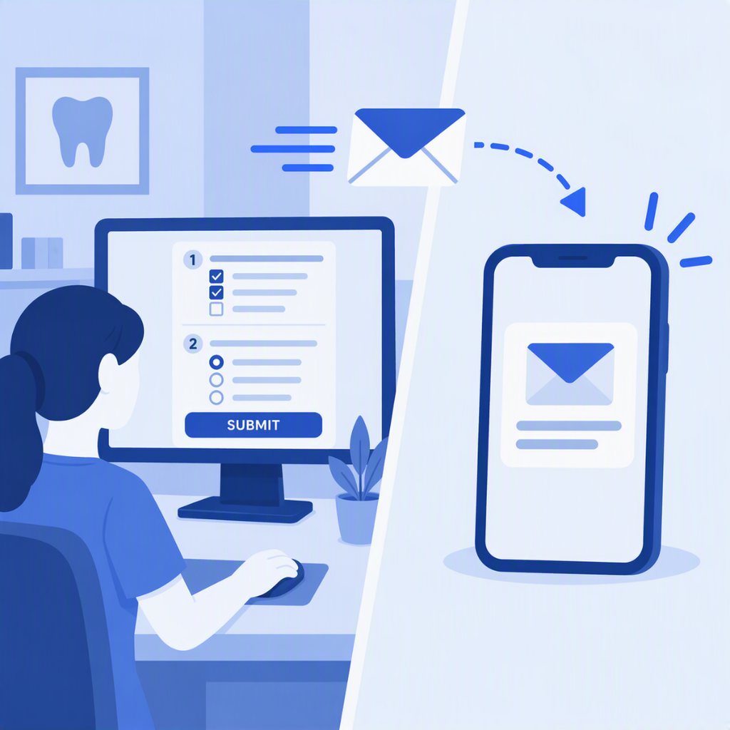 Illustration of an online form being emailed from a dental practice computer to a patient’s smartphone